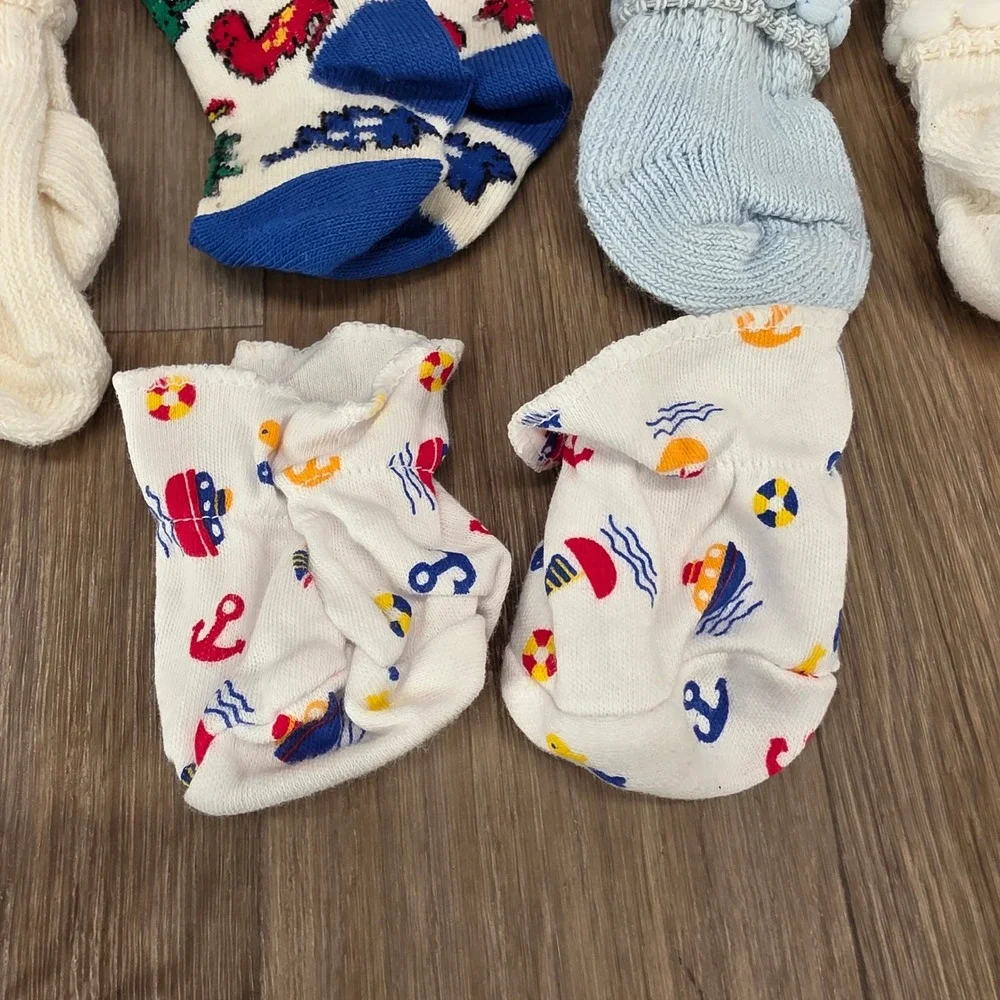 Vtg Baby Boy Sock &‎ Mitten Lot 5 Pairs Dinosaur Nautical Airplane Knit Booties